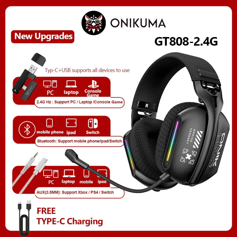 ONIKUMA Gt808 Three Modes with Mic E-Sports Wireless Gaming Headset RGB Lighting Supports Bluetooth