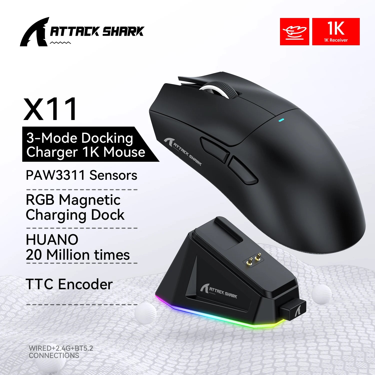 ATTACK SHARK X11 Wireless Mouse,Bluetooth/2.4G/wired Tri-Mode Mouse With RGB Magnetic charging dock for Non Stop Gaming