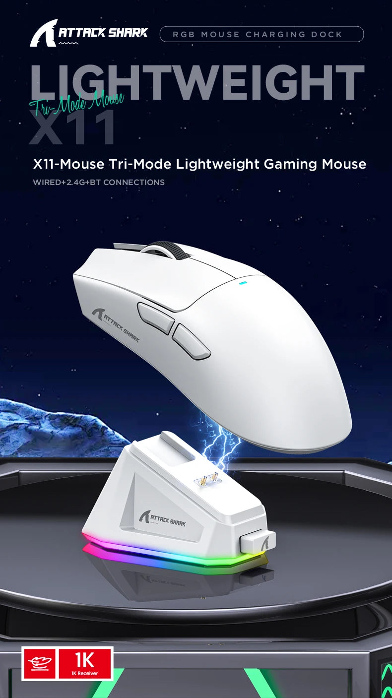 ATTACK SHARK X11 Wireless Mouse,Bluetooth/2.4G/wired Tri-Mode Mouse With RGB Magnetic charging dock for Non Stop Gaming