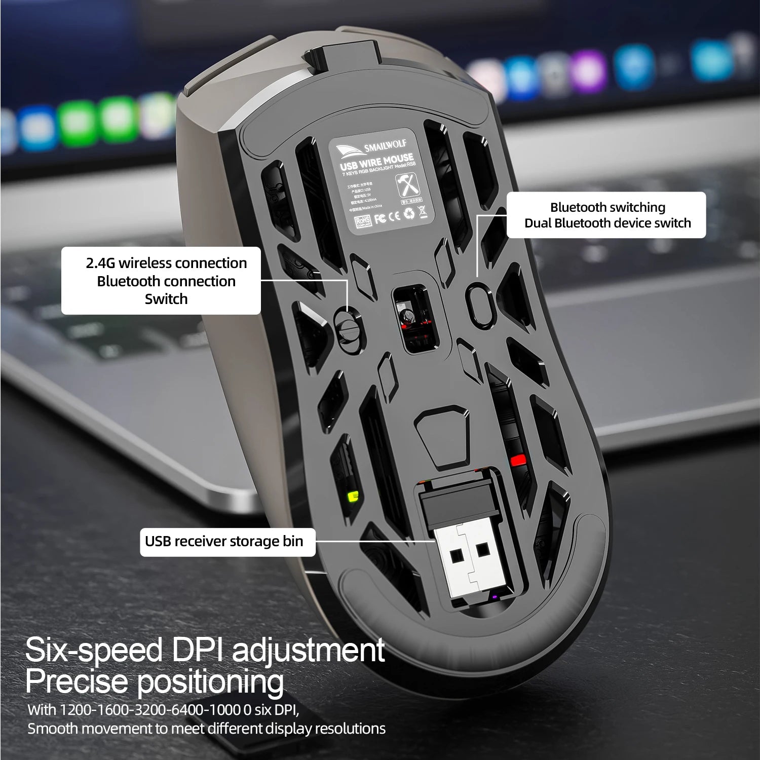 SMAILWOLF RS8 Bluetooth wireless 2.4g gaming mouse triple-mode lightweight e-sports gaming 10000DPI