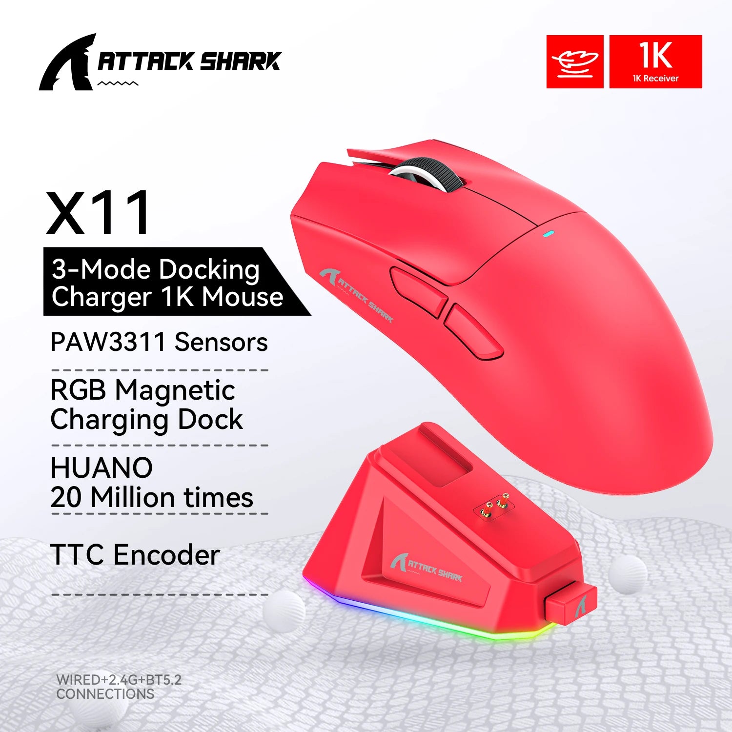 ATTACK SHARK X11 Wireless Mouse,Bluetooth/2.4G/wired Tri-Mode Mouse With RGB Magnetic charging dock for Non Stop Gaming