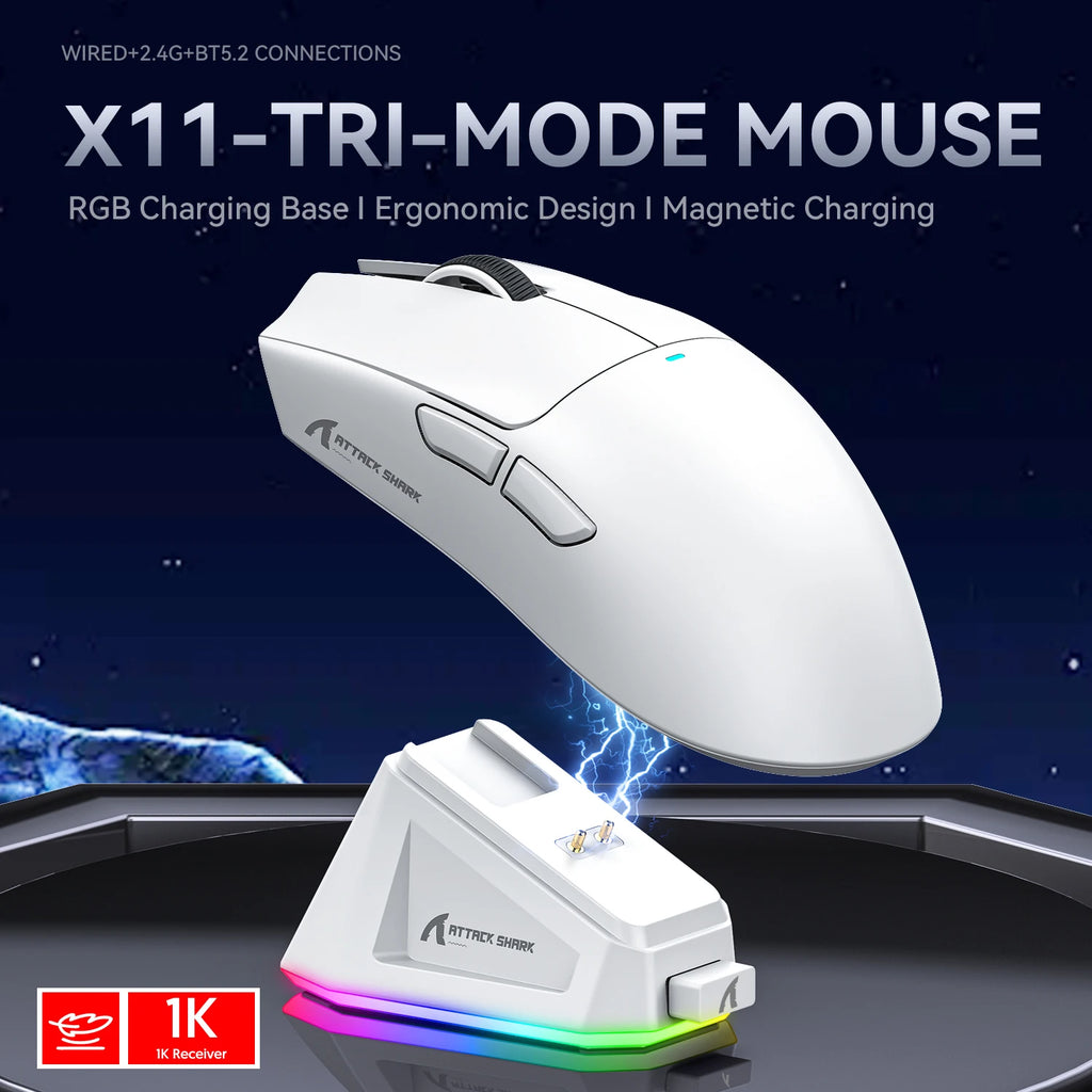 ATTACK SHARK X11 Gaming Mouse Wireless With Macro Magnetic RGB Docking Charger for Non Stop Gaming