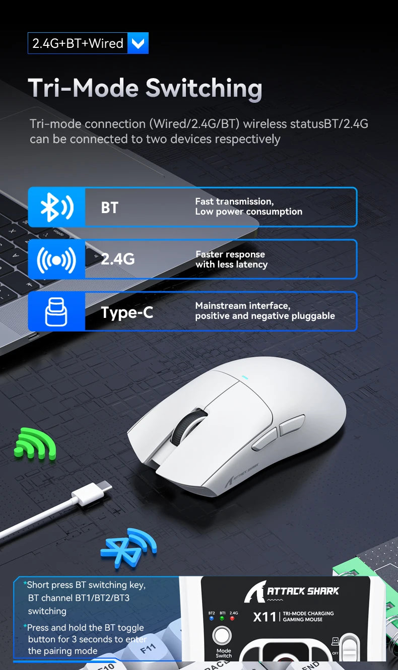 ATTACK SHARK X11 Gaming Mouse Wireless With Macro Magnetic RGB Docking Charger for Non Stop Gaming