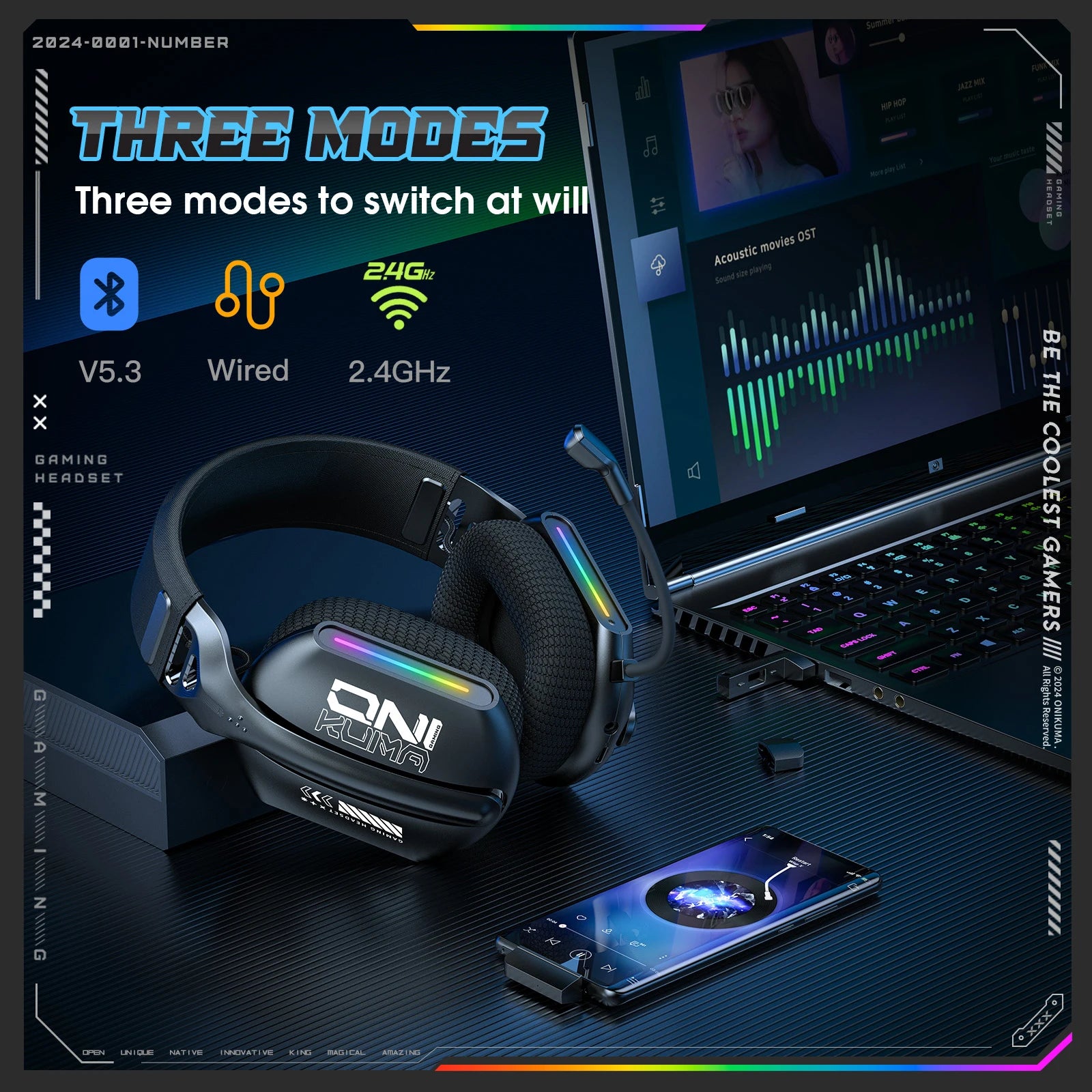 ONIKUMA Gt808 Three Modes with Mic E-Sports Wireless Gaming Headset RGB Lighting Supports Bluetooth