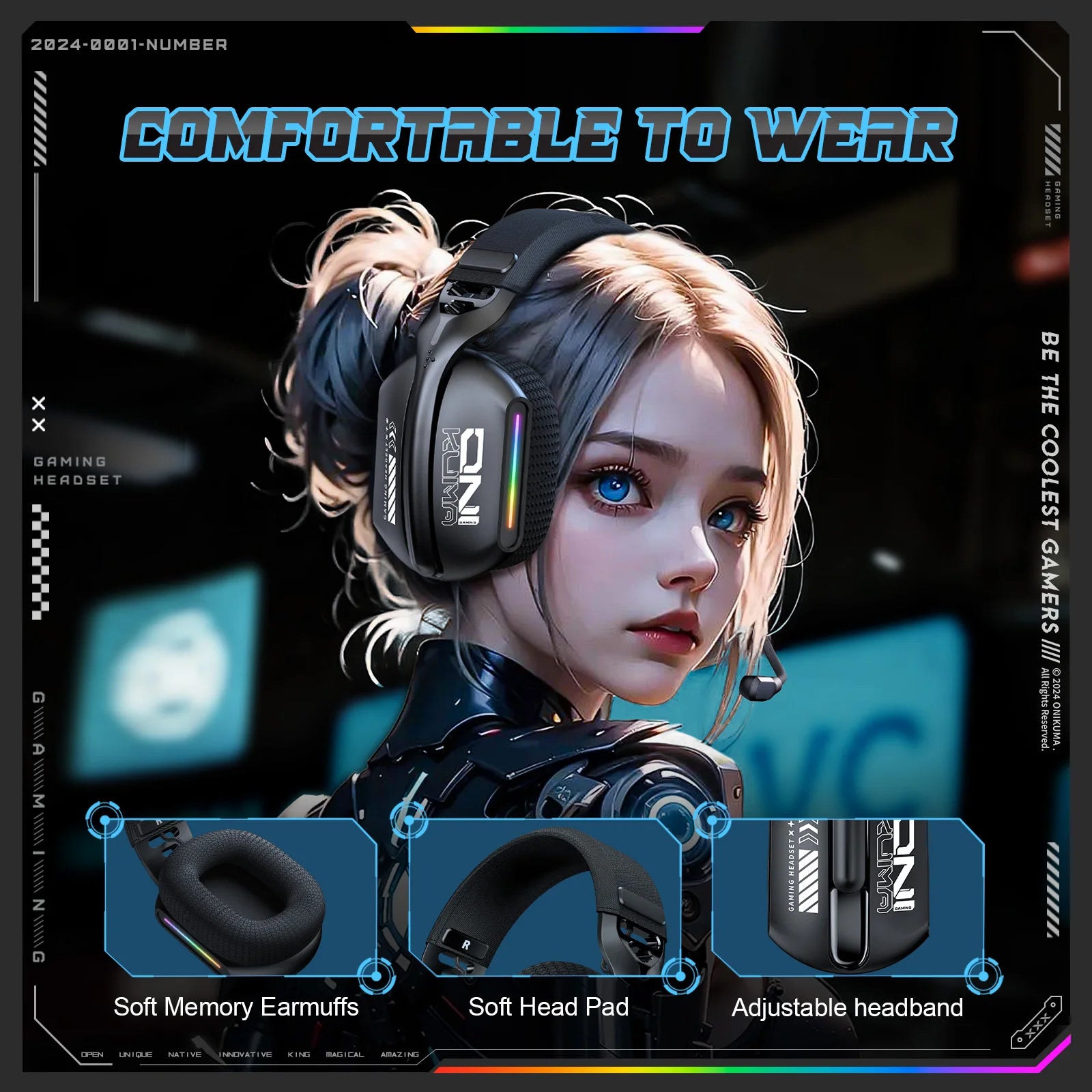 ONIKUMA Gt808 Three Modes with Mic E-Sports Wireless Gaming Headset RGB Lighting Supports Bluetooth