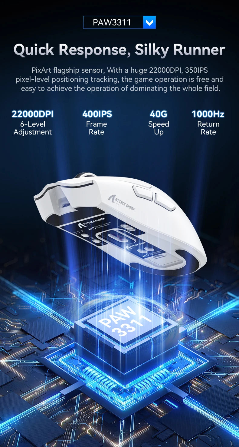 ATTACK SHARK X11 Wireless Mouse,Bluetooth/2.4G/wired Tri-Mode Mouse With RGB Magnetic charging dock for Non Stop Gaming