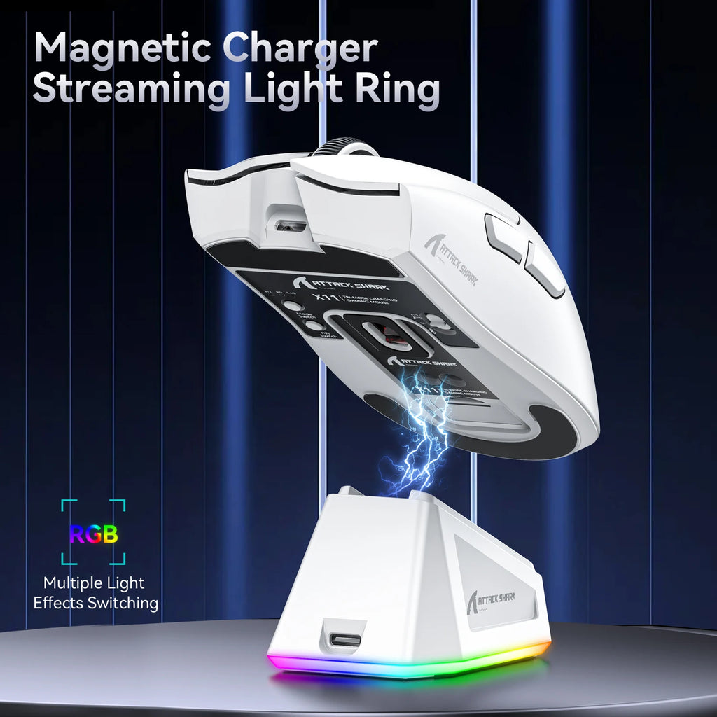 ATTACK SHARK X11 Wireless Mouse,Bluetooth/2.4G/wired Tri-Mode Mouse With RGB Magnetic charging dock for Non Stop Gaming