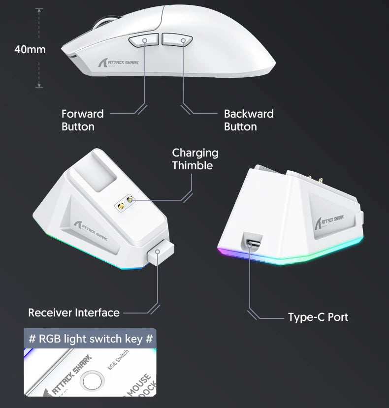 ATTACK SHARK X11 Gaming Mouse Wireless With Macro Magnetic RGB Docking Charger for Non Stop Gaming