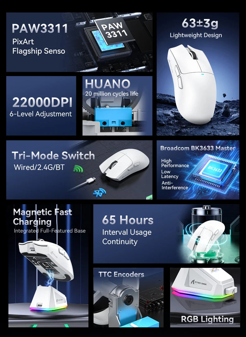 ATTACK SHARK X11 Gaming Mouse Wireless With Macro Magnetic RGB Docking Charger for Non Stop Gaming