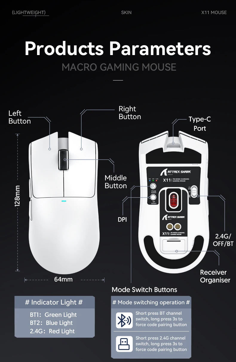ATTACK SHARK X11 Wireless Mouse,Bluetooth/2.4G/wired Tri-Mode Mouse With RGB Magnetic charging dock for Non Stop Gaming