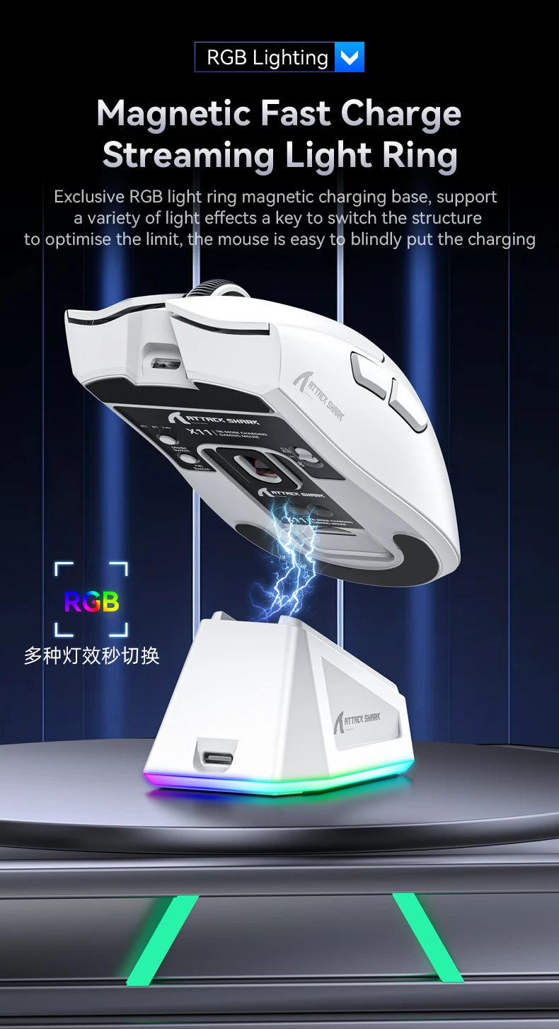 ATTACK SHARK X11 Wireless Mouse,Bluetooth/2.4G/wired Tri-Mode Mouse With RGB Magnetic charging dock for Non Stop Gaming