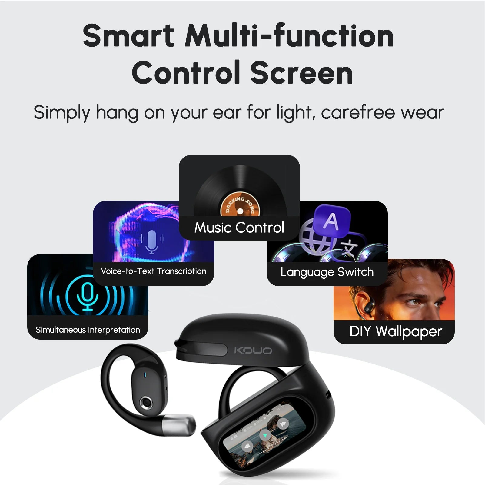 KOUO Aether O1 AI Translator Earbuds — Smart Screen, 144 Languages & ANC