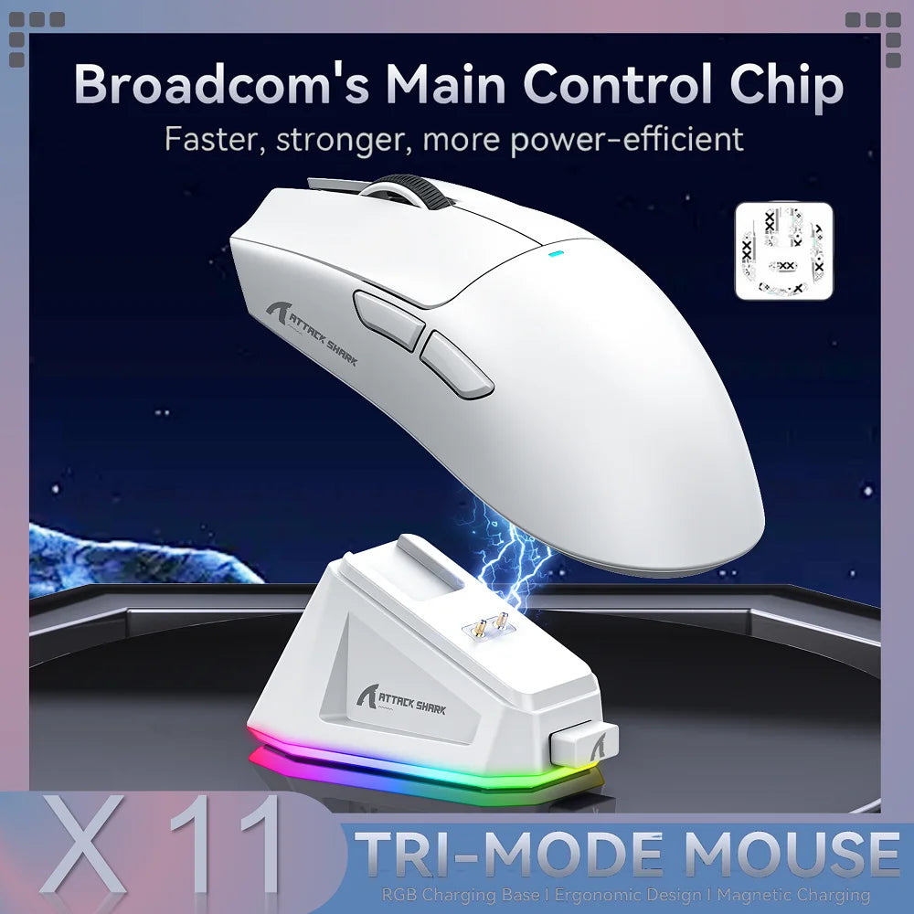 ATTACK SHARK X11 Wireless Mouse,Bluetooth/2.4G/wired Tri-Mode Mouse With RGB Magnetic charging dock for Non Stop Gaming